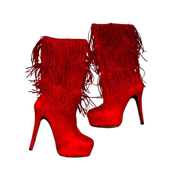 Red Suede Fringe High Heel Boots 10M Platform Stiletto Knee High Western Boho - Picture 3 of 8